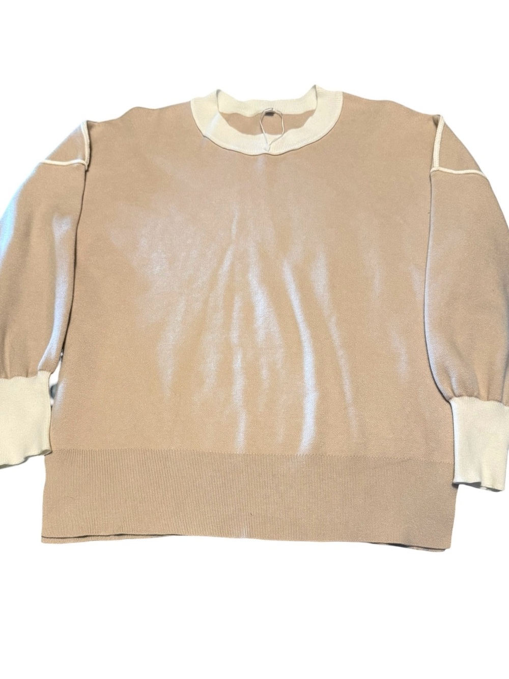 Neutral Beige Crewneck Sweater with Cream Trim
